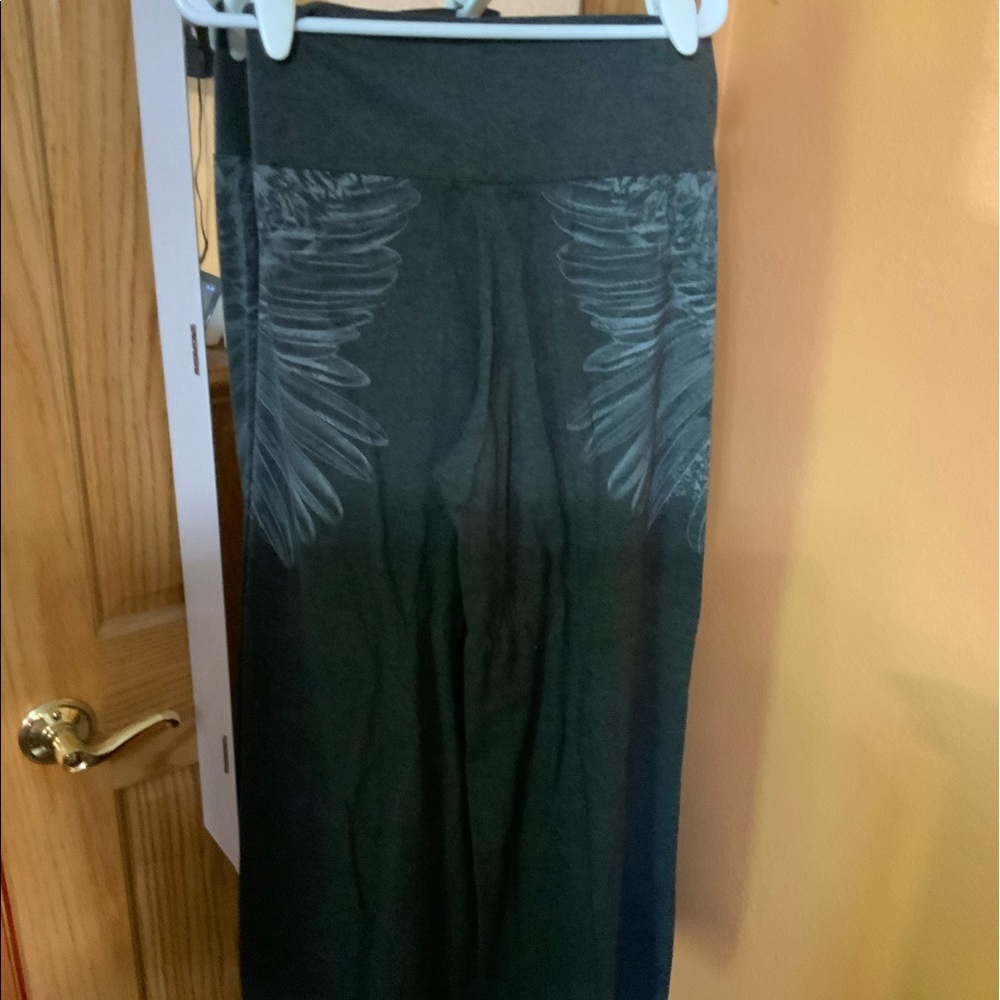 Wide Leg Yoga Pants in Dark Gray with Angel Wing Design